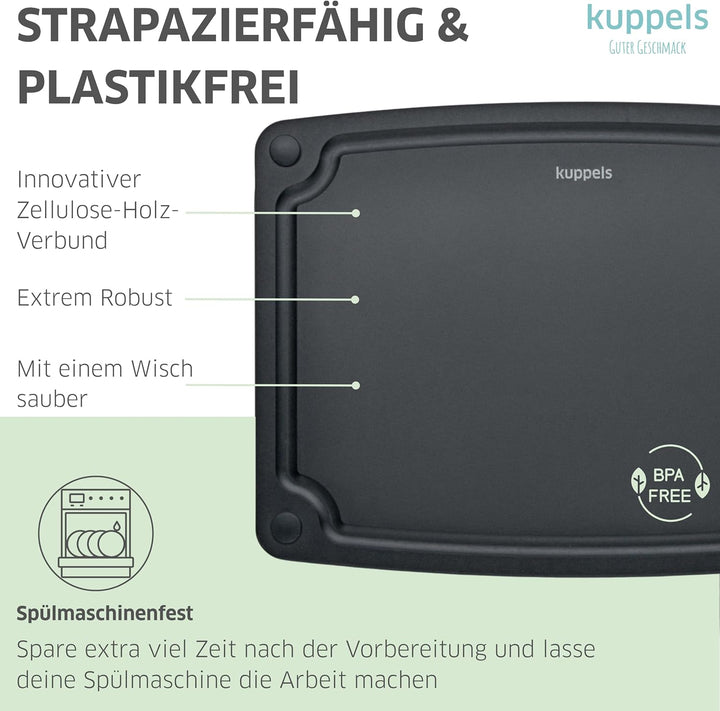 Kuppels NERO Holzfaser Schneidebrett ohne Plastik Gross, Küchenbrett mit Saftrille und Silikonfüssen