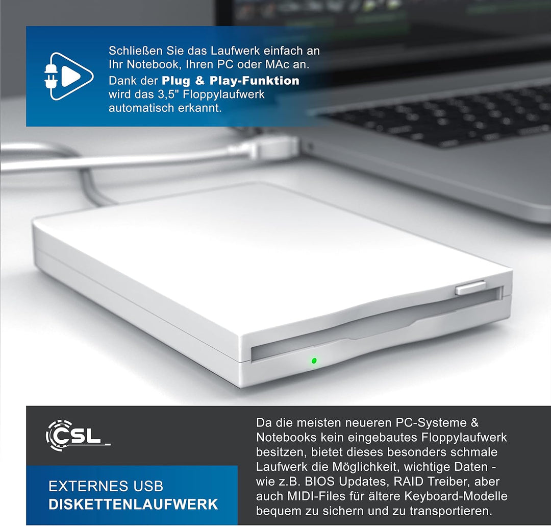 CSL - Externes USB Diskettenlaufwerk FDD 1,44MB 3,5 Zoll - PC und MAC - Slimline Floppy Disk Drive E