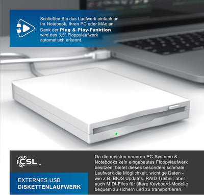 CSL - Externes USB Diskettenlaufwerk FDD 1,44MB 3,5 Zoll - PC und MAC - Slimline Floppy Disk Drive E