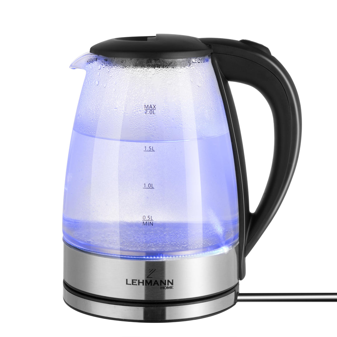 Lehmann LHOEK-2220 Glas Wasserkocher 2 Liter, 2200W, elektrischer Wasserkocher aus Glas mit LED-Hint