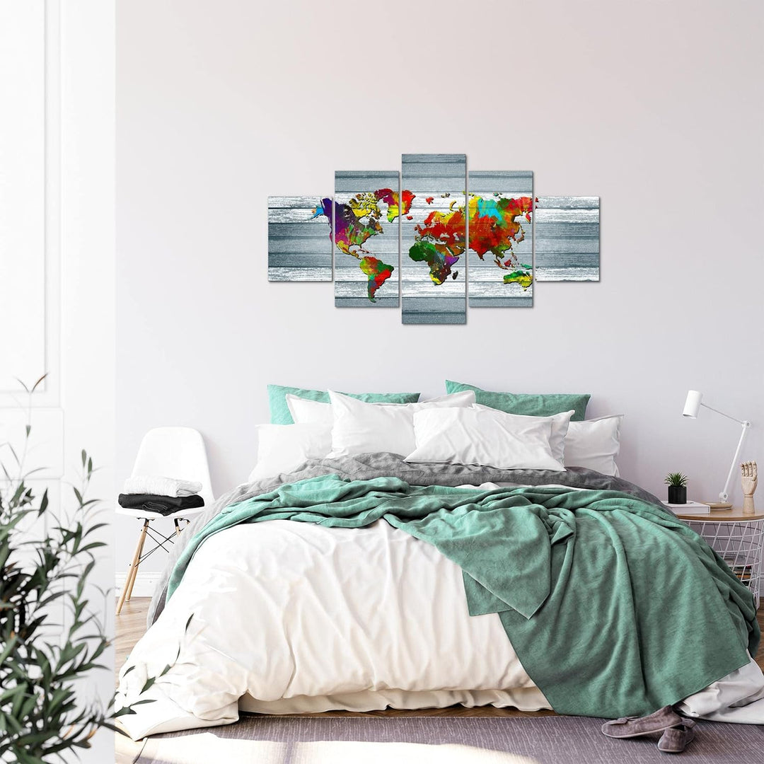Runa Art Bild Büro Wohnzimmer Weltkarte 5 Teilig Kontinente Holz Bunt Wandbilder auf Vlies Leinwand