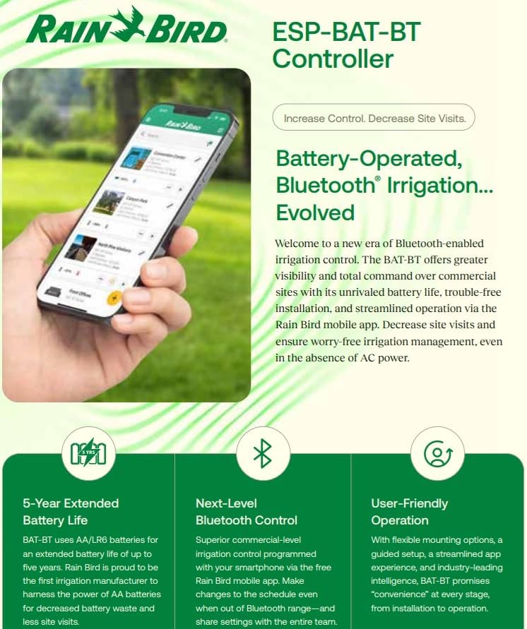 Rain Bird ESP-BAT-BT1 Advanced Bluetooth Batteriebetriebener Controller 1 Zone App-gesteuerter Bewäs