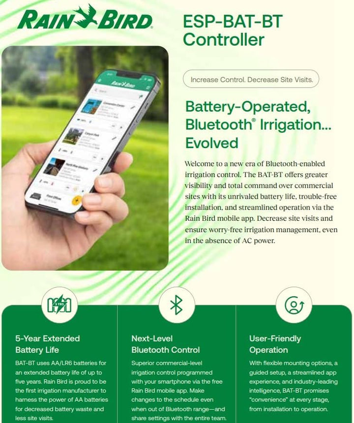Rain Bird ESP-BAT-BT1 Advanced Bluetooth Batteriebetriebener Controller 1 Zone App-gesteuerter Bewäs