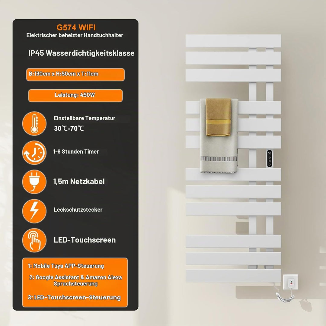 Elektrischer Handtuchhalter, Handtuchheizkörper, 500×1300mm, 450W, WiFi Smart Thermostat Handtuchwär