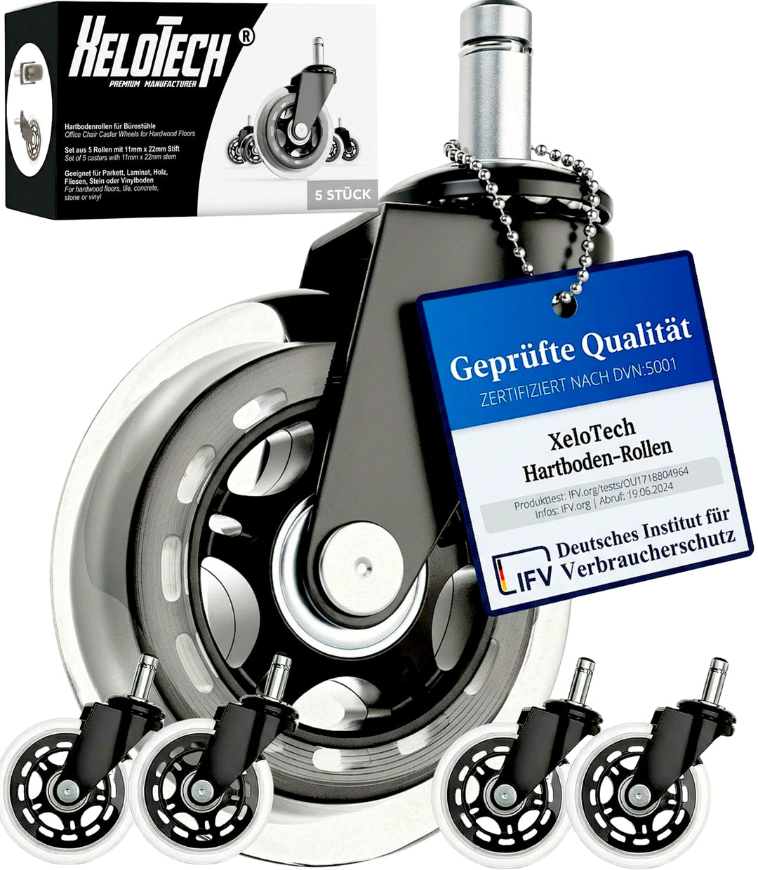 XeloTech 5er Set Hartboden-Rollen für Bürostuhl - 11mm x 22 mm - Sehr leise Bürostuhlrollen - Nie Wi