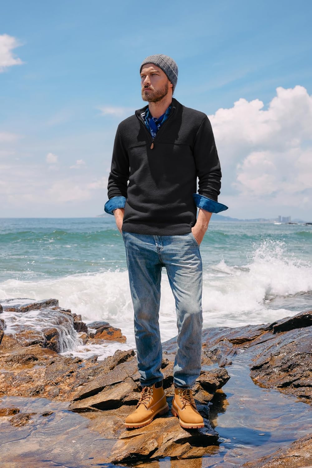 Strickpullover Herren Troyer Pullover mit Reissverschluss und Stehkragen Arbeitspullover, S Schwarz