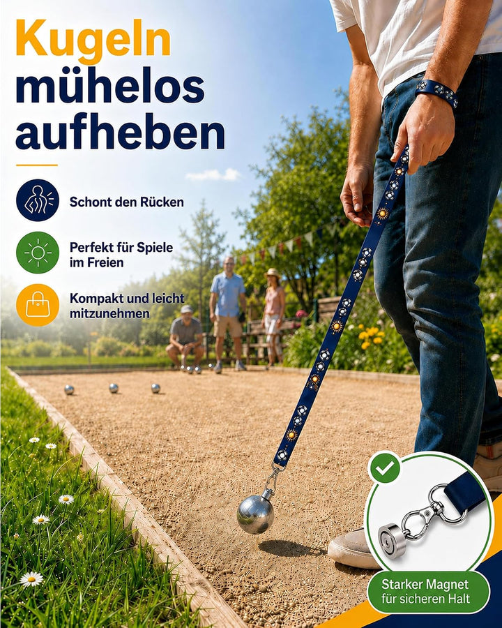 Pétanque-Kugeln, magnetisch, mit Magnet 2,5 cm und Schutzscheibe, Petanque, Zubehör, Riemen 65 cm, m