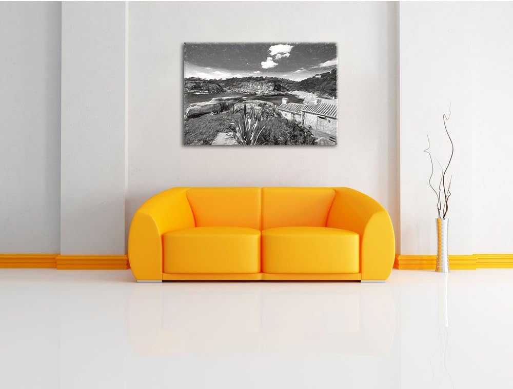 Pixxprint Ferienhaus an der spanischen Küste Kunst Kohle Effekt, Format: 100x70 auf Leinwand, XXL ri