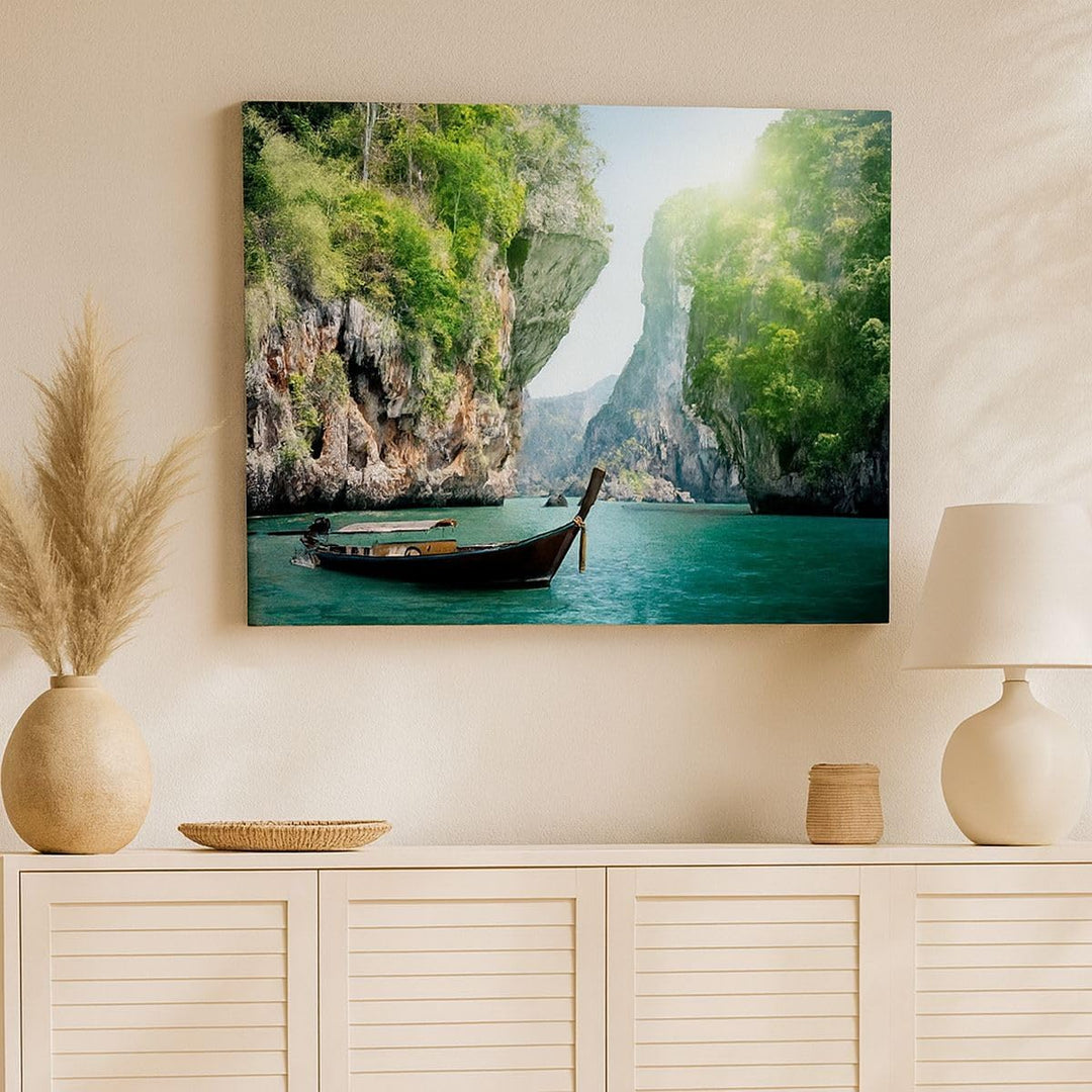 Bilder auf Leinwand 100x70cm Leinwandbild Boot Klippen Natur Felsen Gross Wanddeko Bild Schlafzimmer