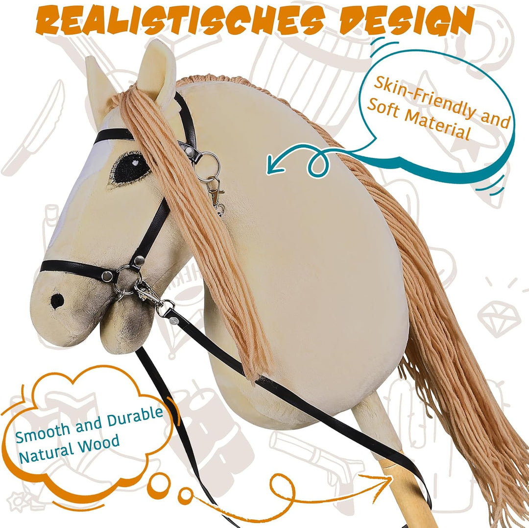 Hobby Horse für Kinder, Steckenpferd Spielzeug Pferd mit Halfter und Zügeln, Holzpferd Plüschpferd S