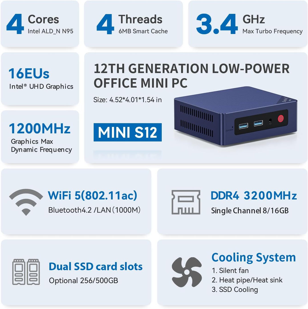 Beelink Mini S12 Pro Mini PC, Intel Alder Lake-N100 (4C/4T, bis 3.4GHz), 16GB DDR4 RAM 500GB M.2 228