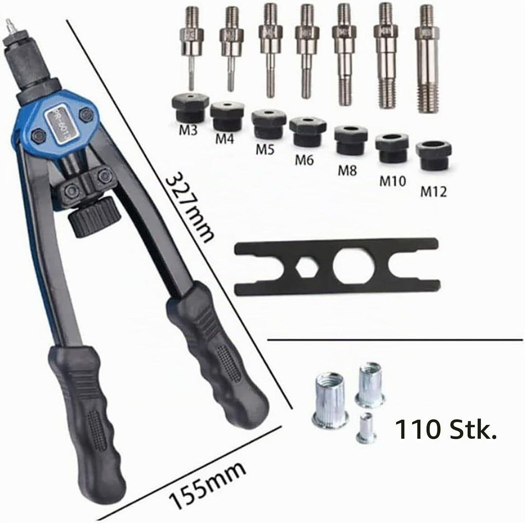 YWHWXB Nietmutter Werkzeug, 33cm Hand Nietmutter Setter Kit - 110Stück Heavy Duty Nietmuttern M3-M12