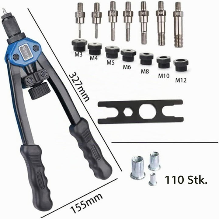 YWHWXB Nietmutter Werkzeug, 33cm Hand Nietmutter Setter Kit - 110Stück Heavy Duty Nietmuttern M3-M12