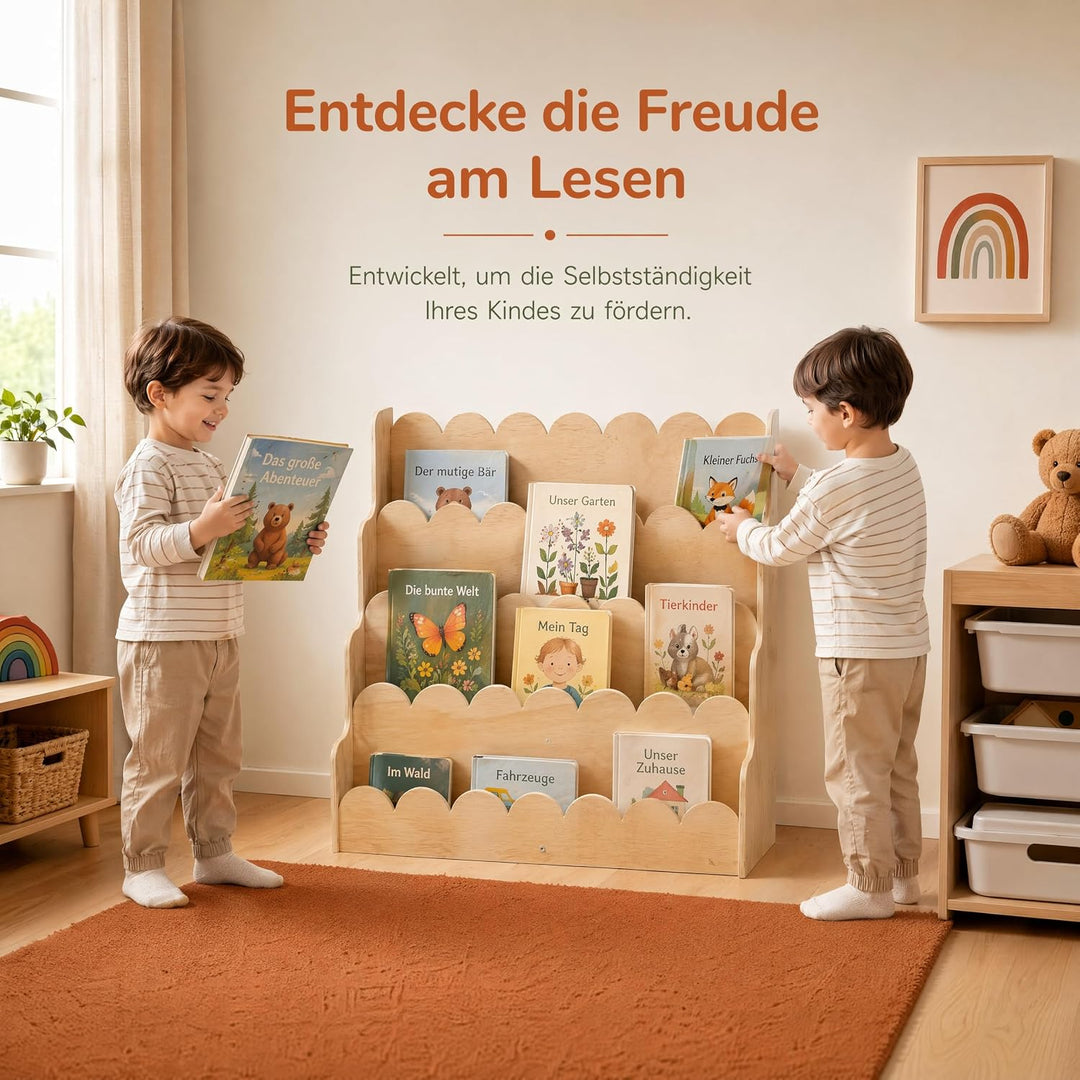 Kinderbuchregal aus Holz mit Wellenkanten, Frontal-Bücherregal mit 5 Ebenen | Stabiler Kinder-Buchst