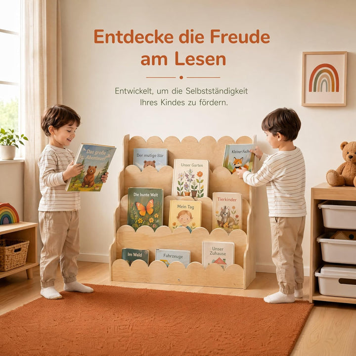 Kinderbuchregal aus Holz mit Wellenkanten, Frontal-Bücherregal mit 5 Ebenen | Stabiler Kinder-Buchst