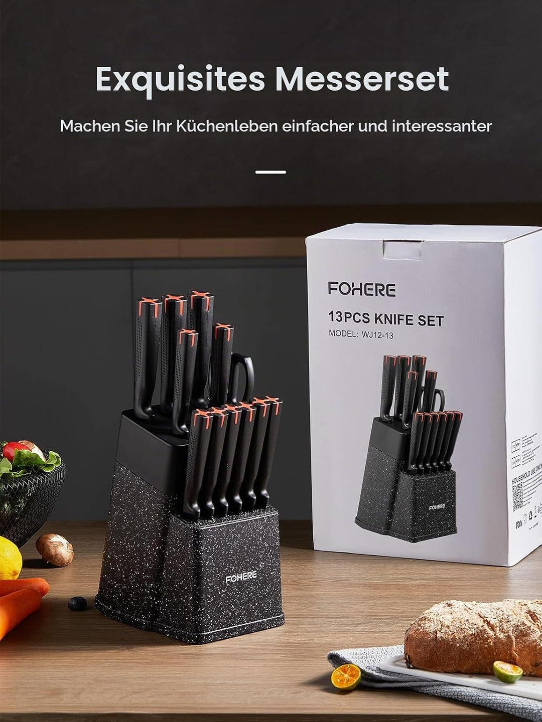 FOHERE Messerblock set 13 Teilig Messerset mit Messerschärfer Scharf Edelstahl Küchenmesserset mit M