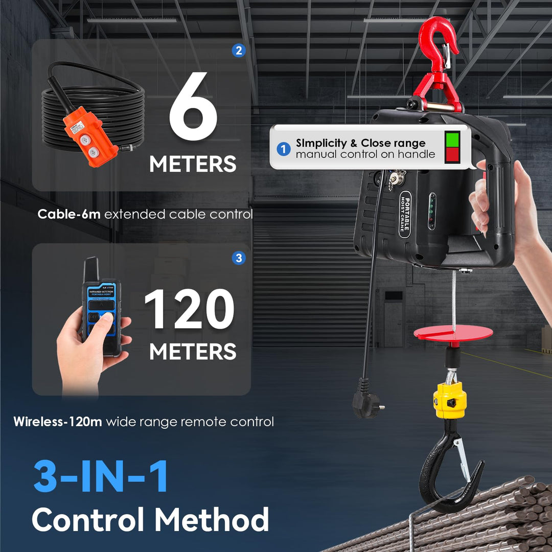 NEWTRY 3 in 1 Elektrische Seilwinde 1500W, 500KG tragbare Elektrohebezeug mit verbesserter Infrarot-