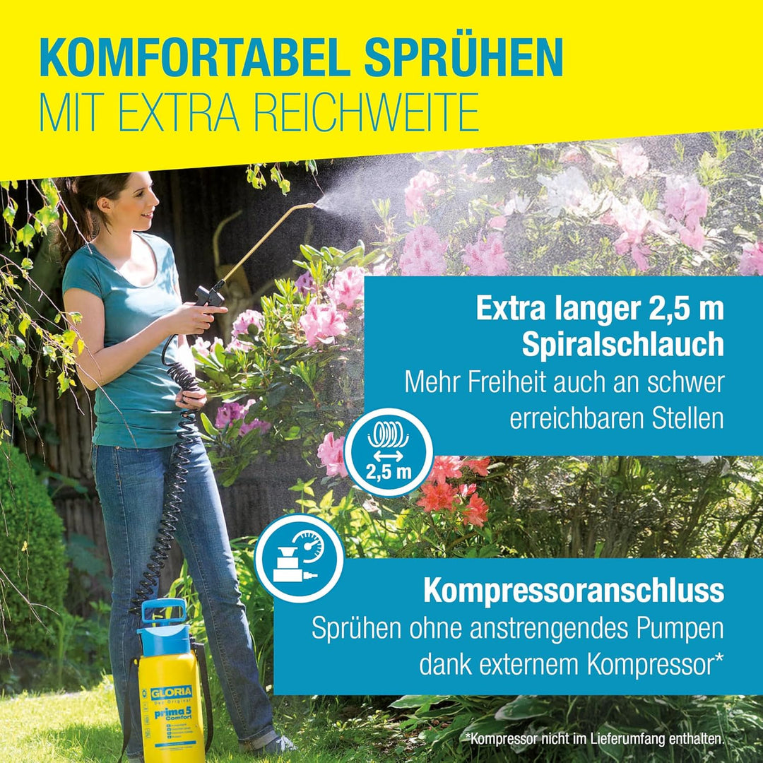 GLORIA Drucksprüher prima 5 Comfort | 5 L Gartenspritze/Drucksprühgerät | Komfortable Ausstattung: 2