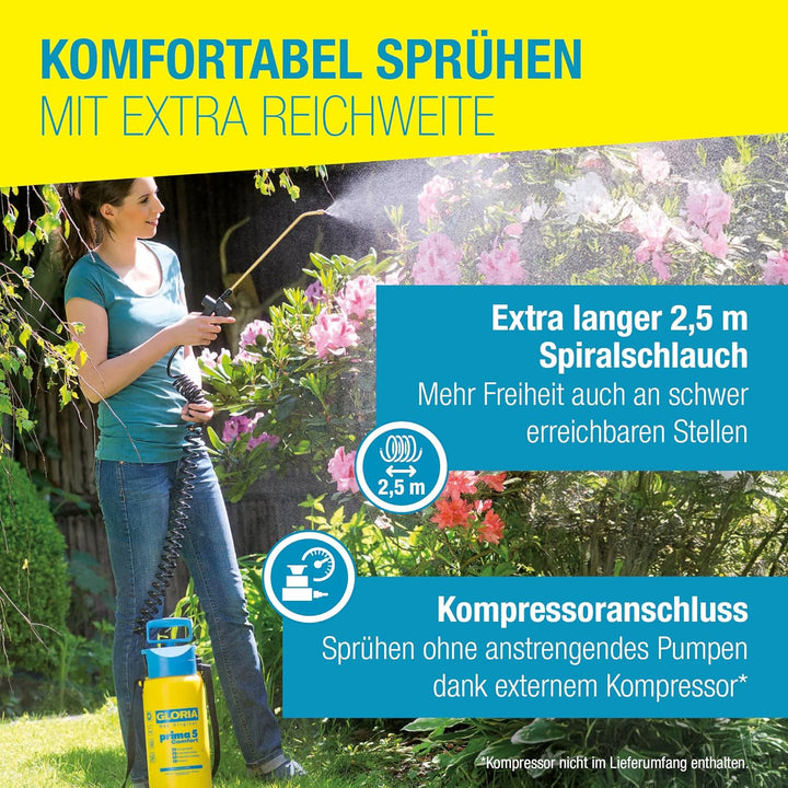 GLORIA Drucksprüher prima 5 Comfort | 5 L Gartenspritze/Drucksprühgerät | Komfortable Ausstattung: 2