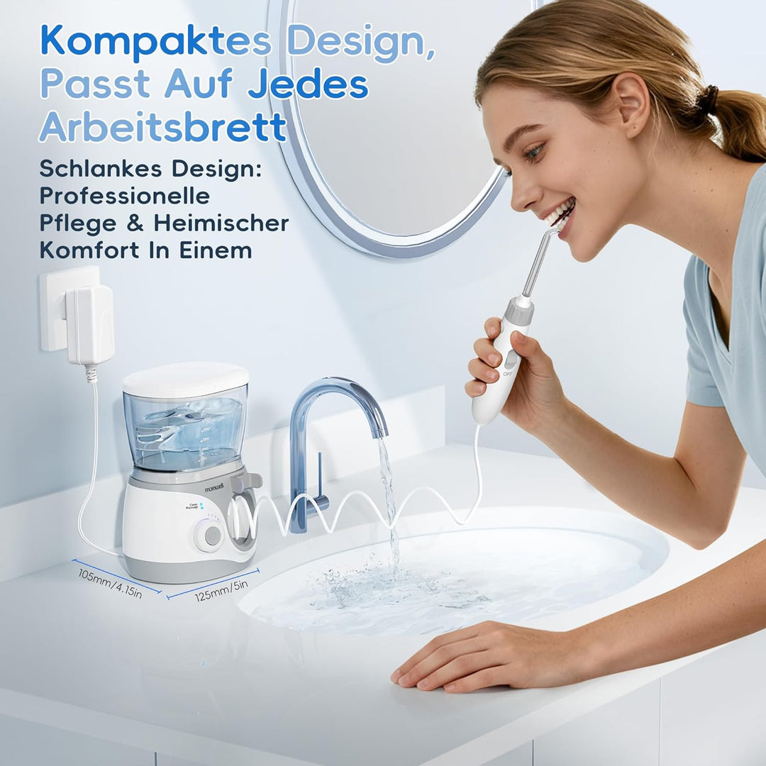 Mornwell Munddusche, Elektrische Professional Zähne mit 10 Druckstufen und 6 Düsen, 2 Modi & 600ml Z