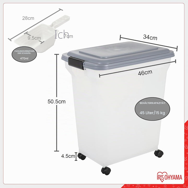 Iris Ohyama Hundefutter Aufbewahrung mit Rollen, 45L/15kg, Grau, Luftdichte Futterbox, Trockenfutter