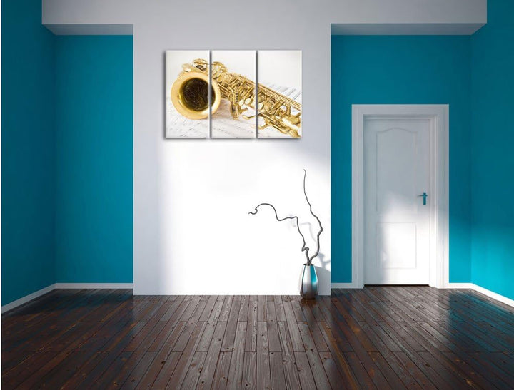 Pixxprint Saxophon auf Notenpapier als Leinwandbild/Grösse: 3 Teilig (120x80) cm/Wandbild/Kunstdruck