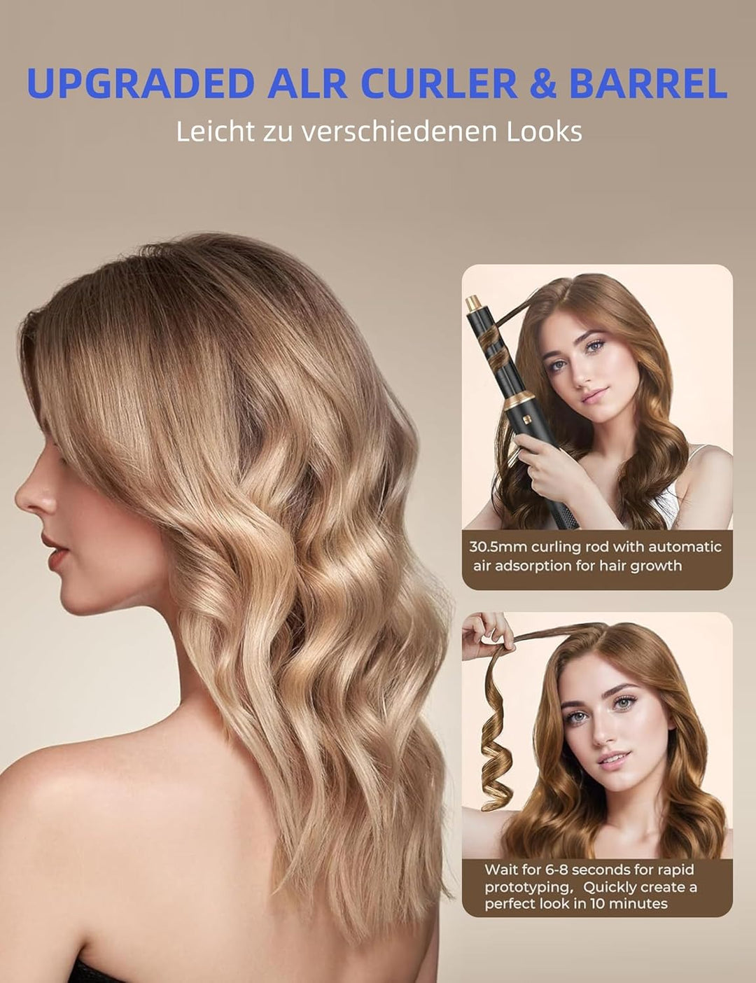 Kitgody 5 in 1 Airstyler Warmluftbürste Set mit Automatischem Lockenstab & Rundbürstenföhn - MULTIFU