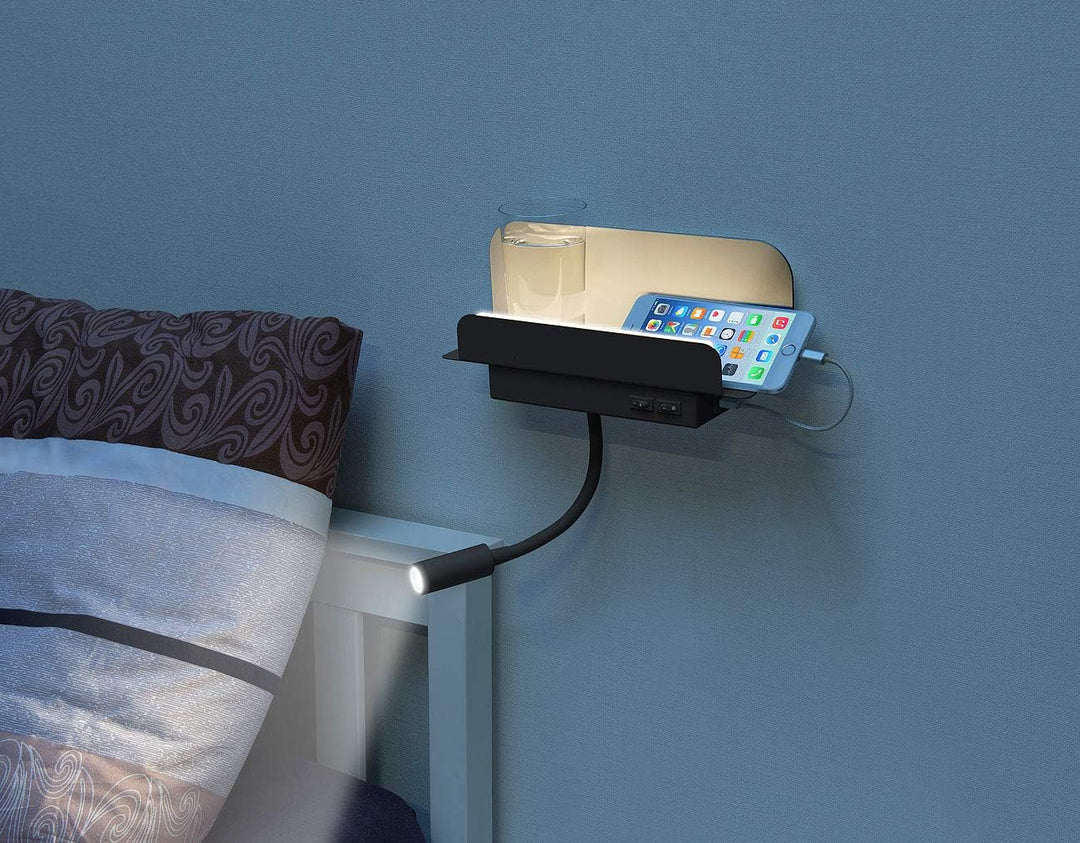 Carlo Milano Leselampe Bett: Wandregal mit Leselicht, Nachtlicht & USB-Ladeport, 445 Lumen, schwarz