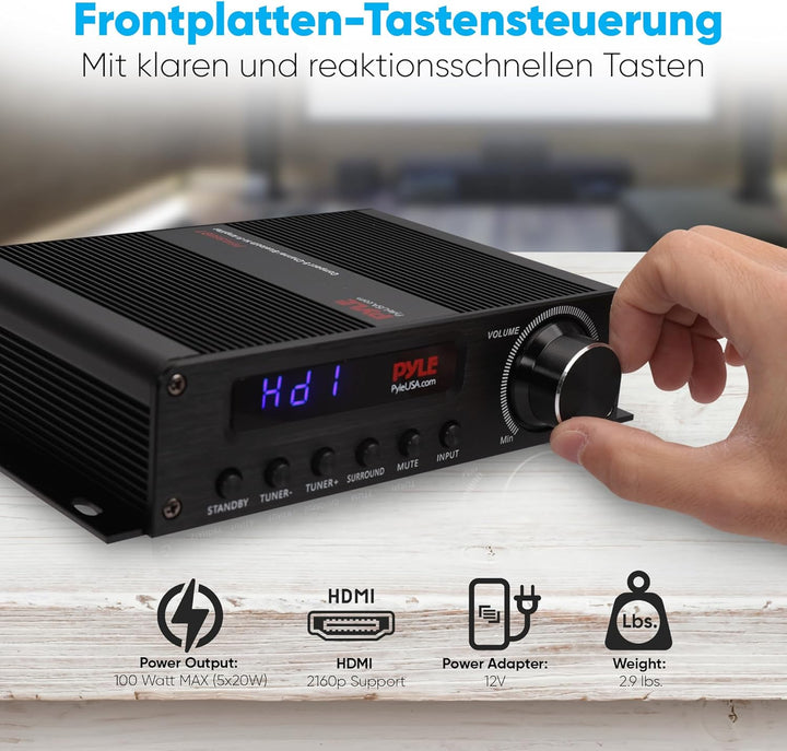 Pyle HiFi Verstärker 100W – Bluetooth Verstärker, Amplifier 5.1 Kanal Receiver mit HDMI, AUX, FM-Ant