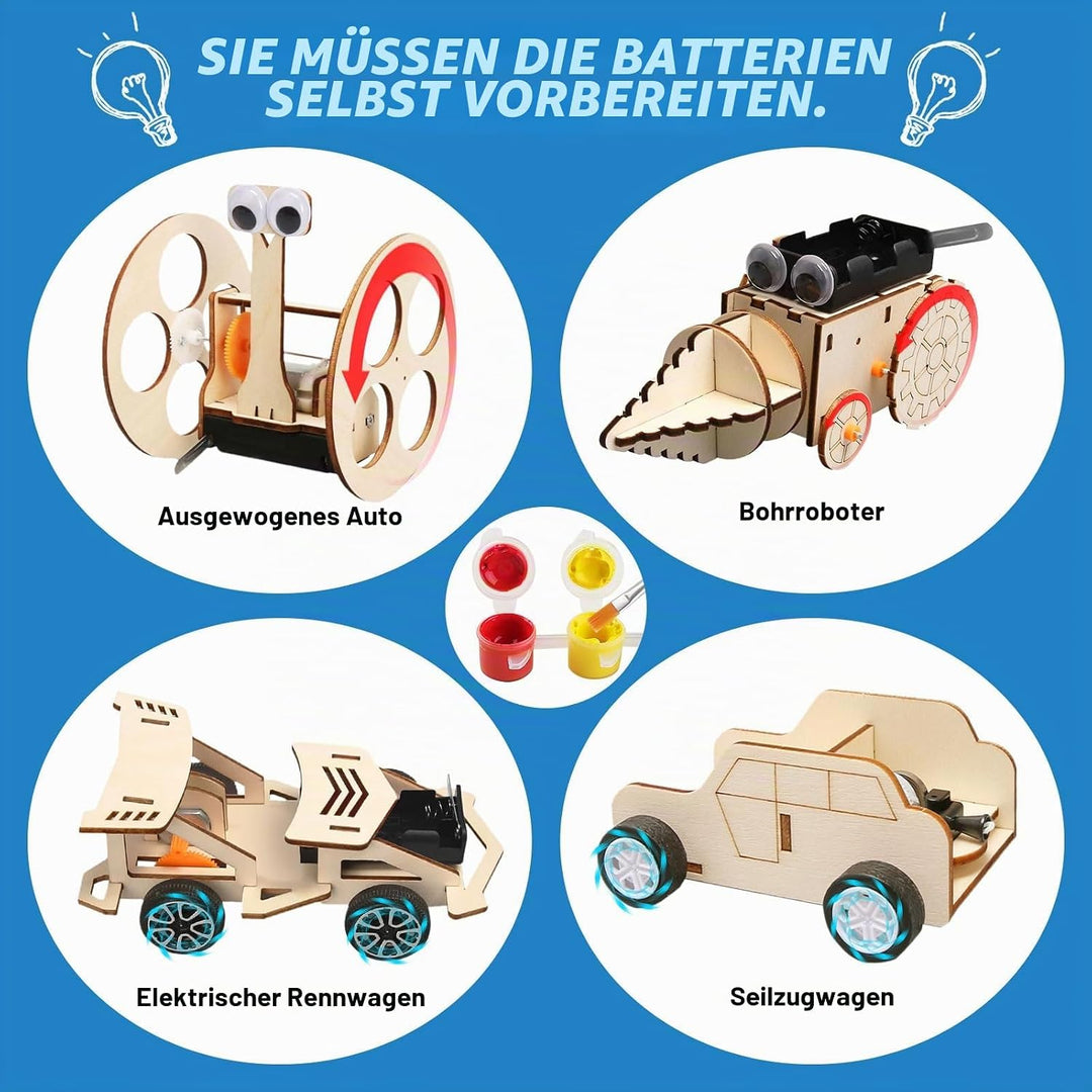 4 Stück Experimente für Kinder, Elektronik Baukasten DIY STEM Spielzeug, Holz Wissenschaft Bausatz S