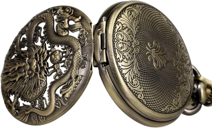 TREEWETO Taschenuhr mit Kette Herren Analog Mechanisch Handaufzug Doppelscharnier Antik Drache Römis