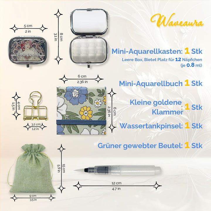 Mini Aquarell Set Unterwegs 12er Leerpalette, 6x6 cm Mini Skizzenbuch 300g/m², Wassertankpinsel & Me