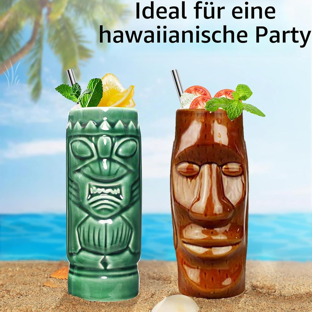 Tiki Tassen Cocktail Set von 2 - Becher aus Keramik, hawaiianische Partybecher, Trinkgeschirr, niedl