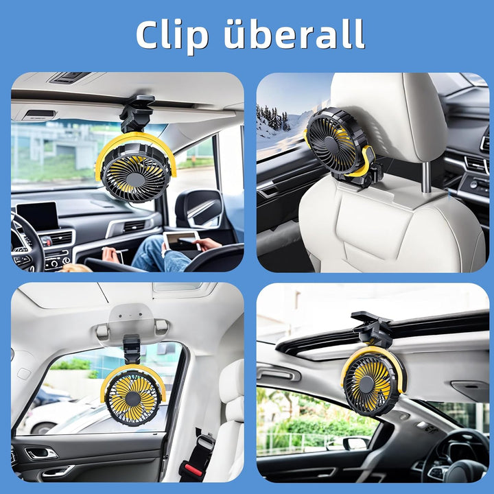 Auto Clip Ventilator mit Akku,USB C Aufladbar Leise Fan Portable Klein Klemmventilator,360° Verstell