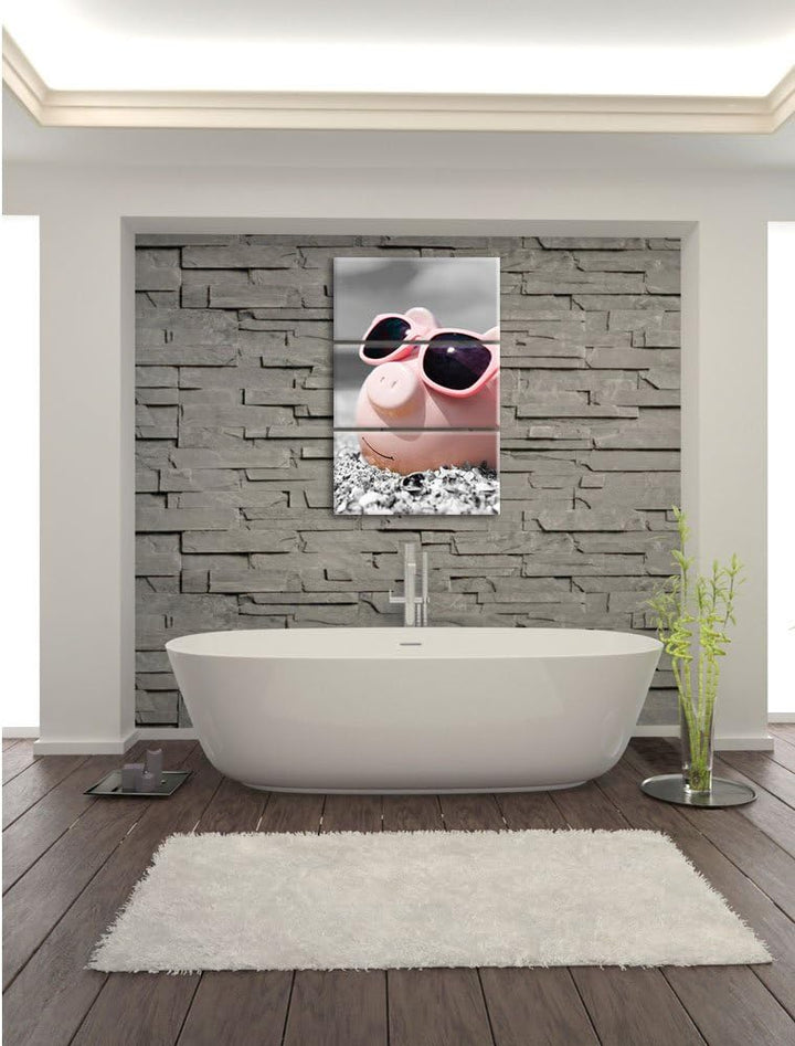 Pixxprint Cooles Sparschwein mit Sonnenbrille am Strand schwarz/weiss 3-Teiler Leinwandbild 120x80 B