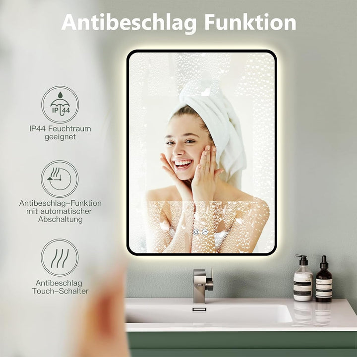 Badspiegel Led Beleuchtung Rechteck 60x80/80x60cm, Wandspiegel mit Antibeschlag und mit Touch Schalt