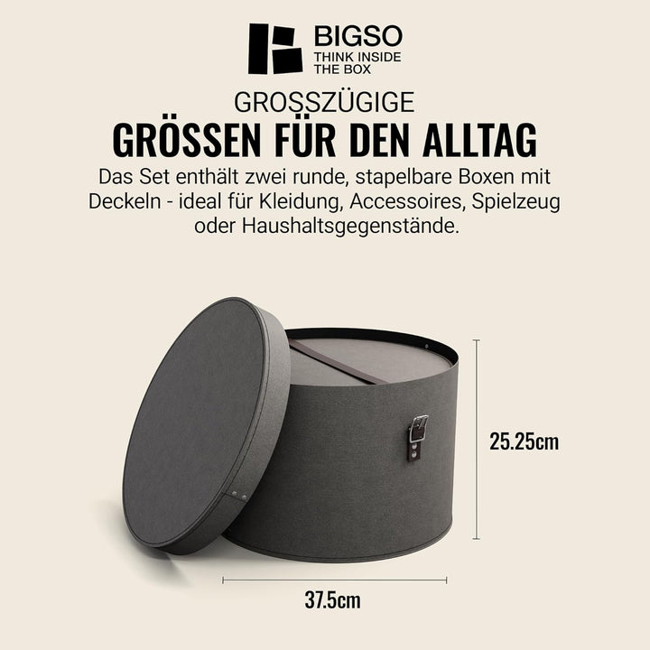 BIGSO RUT 2er-Set Aufbewahrungsbox mit Deckel – runde Ordnungsbox mit Lederriemen – grosse und klein