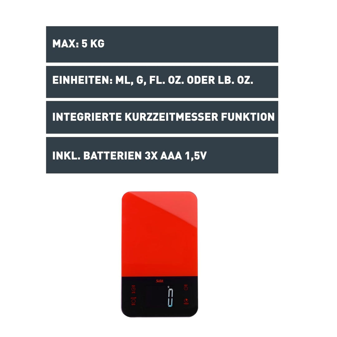 Silit Digitale Küchenwaage mit Tara, bis 5kg, Haushaltswaage mit Touch-Display, Küchenwaage digital,