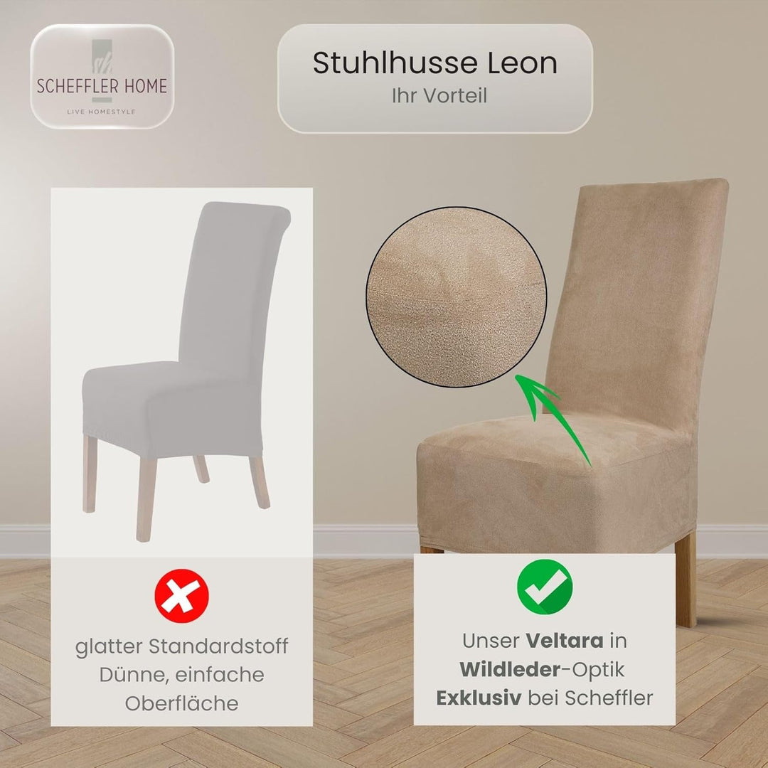 SCHEFFLER-Home Stuhlhussen 4er Set Leon Taupe/elastische Wildleder Hussen für Stühle/Robustes Freisc