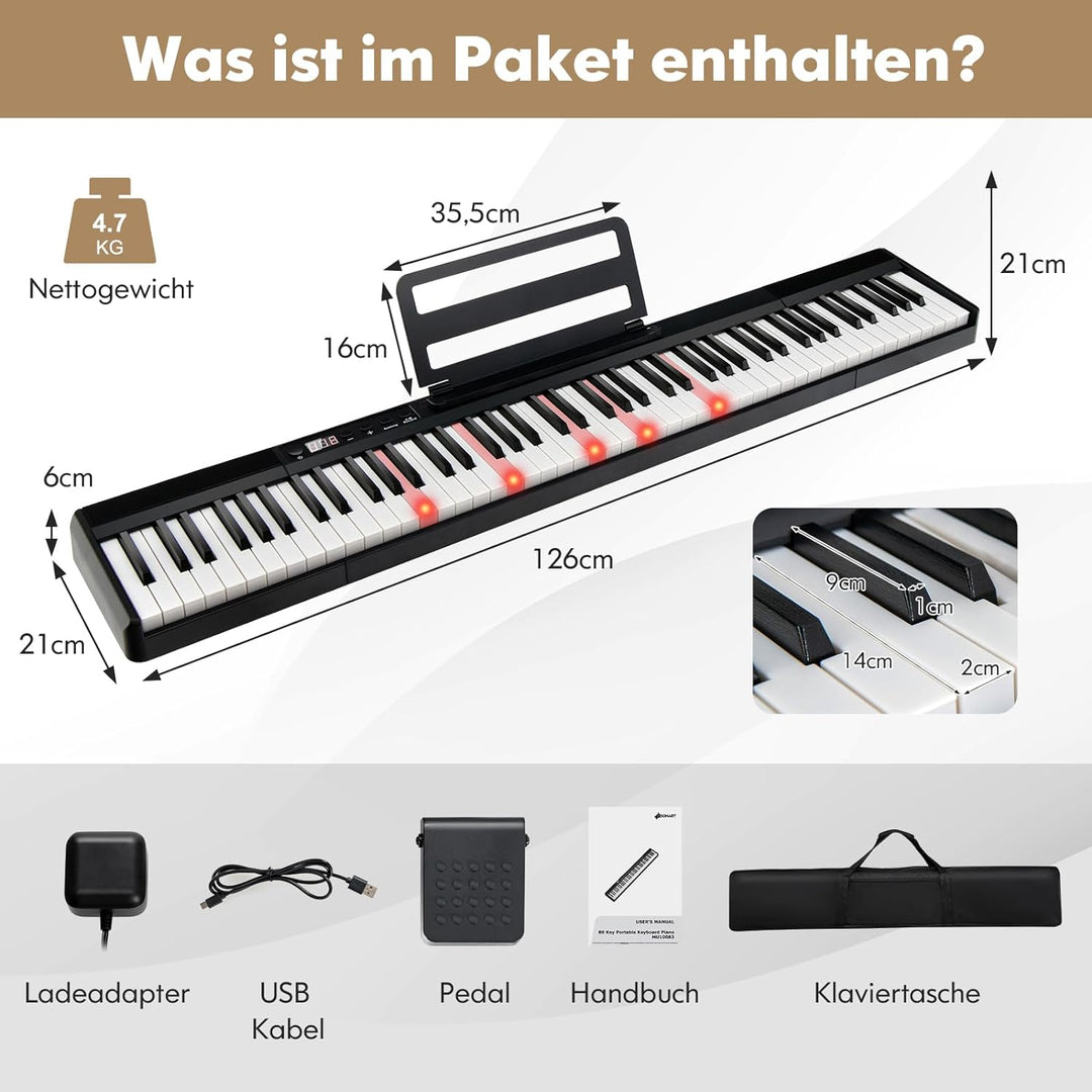 GOPLUS Digitalpiano mit 88 Tasten, Keyboard in voller Grösse, Tragbares E-Piano mit Tasche, Halteped