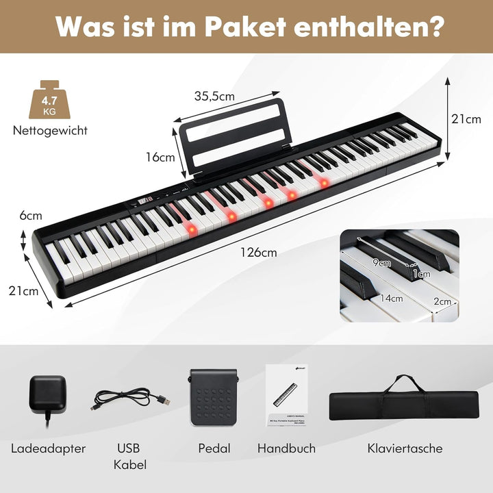 GOPLUS Digitalpiano mit 88 Tasten, Keyboard in voller Grösse, Tragbares E-Piano mit Tasche, Halteped