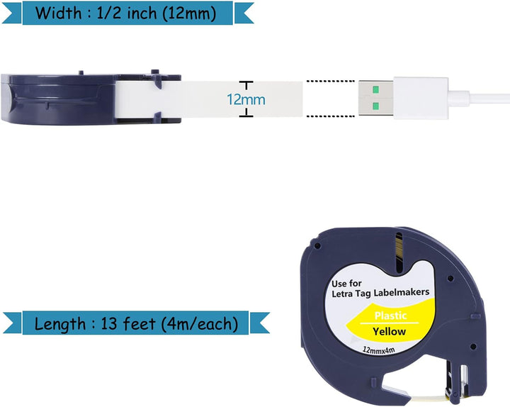 8 X Hehua Kompatible für Dymo LetraTag Etikettenband 12mm x 4m für Dymo Etikettenband 16951 91221-91