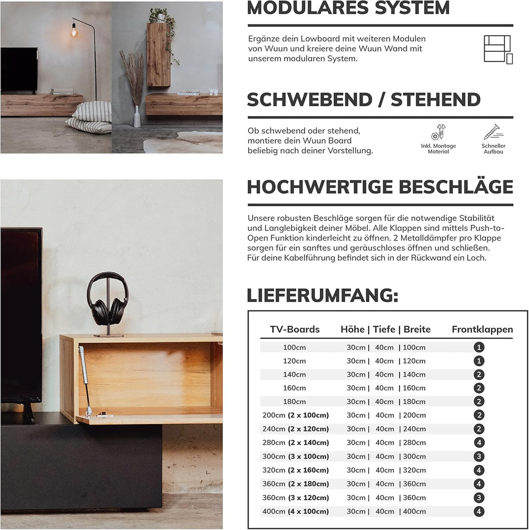 Wuun® TV Lowboard I 100cm-280cmI TV Board hängend Hängeschrank Wohnwand/Somero/Eiche 100 Eiche / Gra