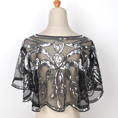 keland Damen Festlich Pailletten Umhang Schal Schultertuch Stola Tuch für Abendkleid X-schwarz & Sil