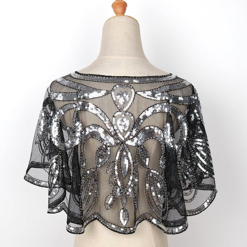 keland Damen Festlich Pailletten Umhang Schal Schultertuch Stola Tuch für Abendkleid X-schwarz & Sil