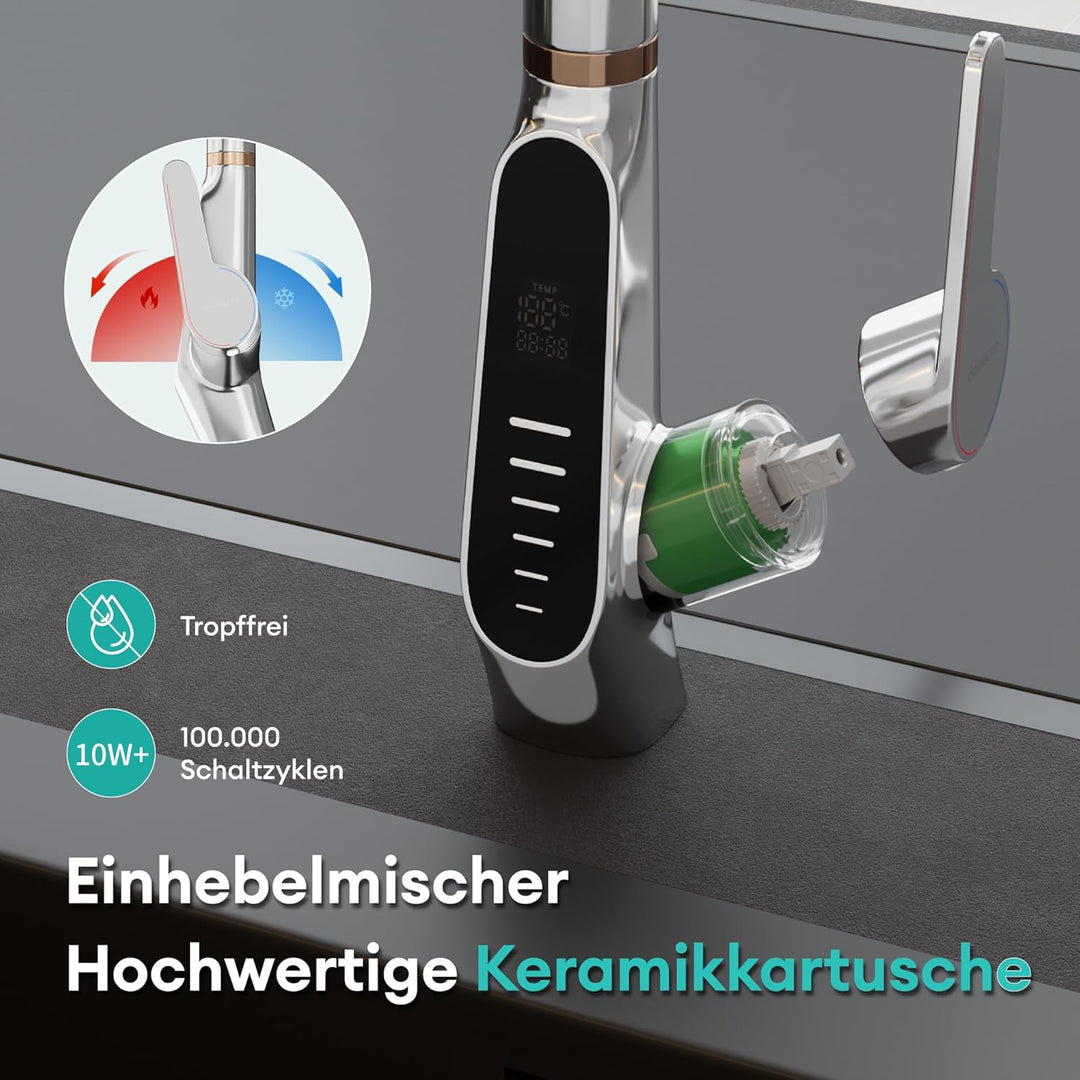 Mai &amp; Mai Wasserhahn Küche ausziehbar, Küchenarmatur mit LED-Digitalanzeig | 360° drehbar Einhebelmi