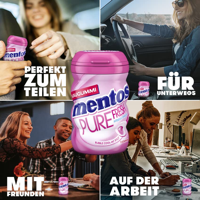 Mentos Kaugummi Pure Fresh Bubble Cool, 6 Boxen zuckerfreie Chewing Gum Dragees mit Frucht-Geschmack
