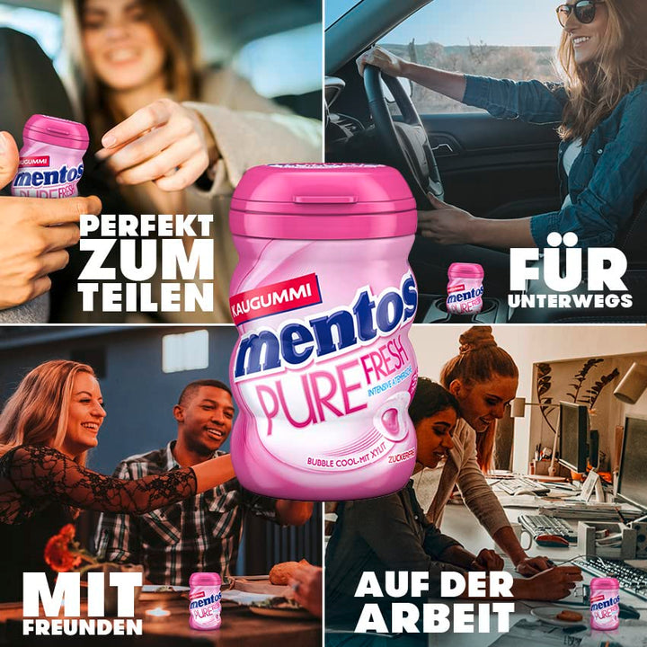 Mentos Kaugummi Pure Fresh Bubble Cool, 6 Boxen zuckerfreie Chewing Gum Dragees mit Frucht-Geschmack