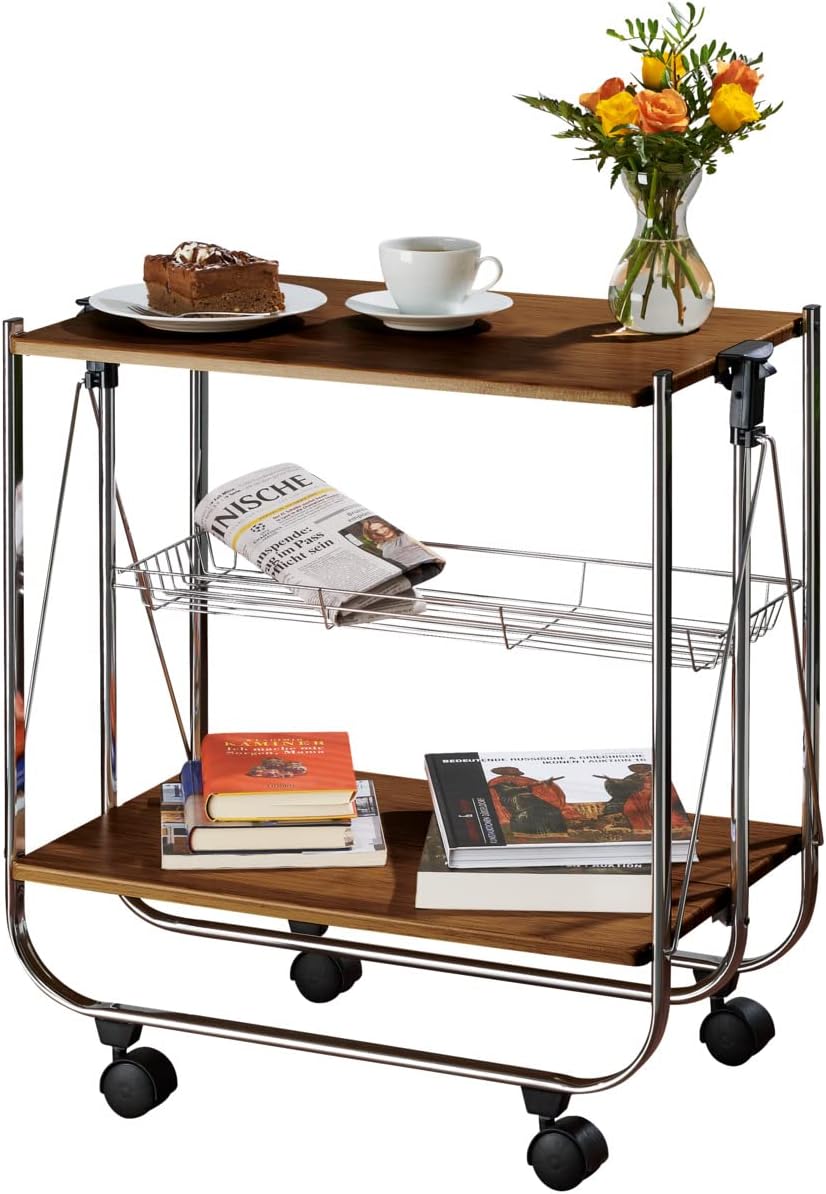 WENKO Servierwagen Dinett Deluxe Walnuss - zusammenklappbar, Ablagekorb, MDF, 68 x 70 x 40.6 cm, Bra