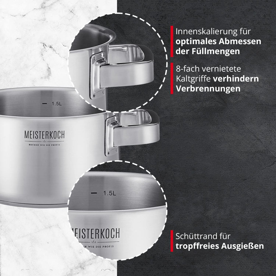 MEISTERKOCH Premium-Topfset aus rostfreiem Edelstahl | Profi-Kochgeschirr 4-teilig inklusive 3 Glasd